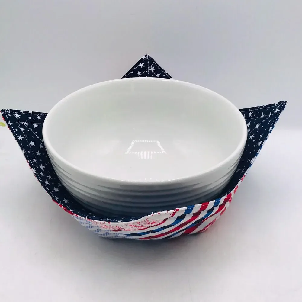 Microwave Soup Bowl Cozy: Reversible, Patriotic Patchwork Red White Blue